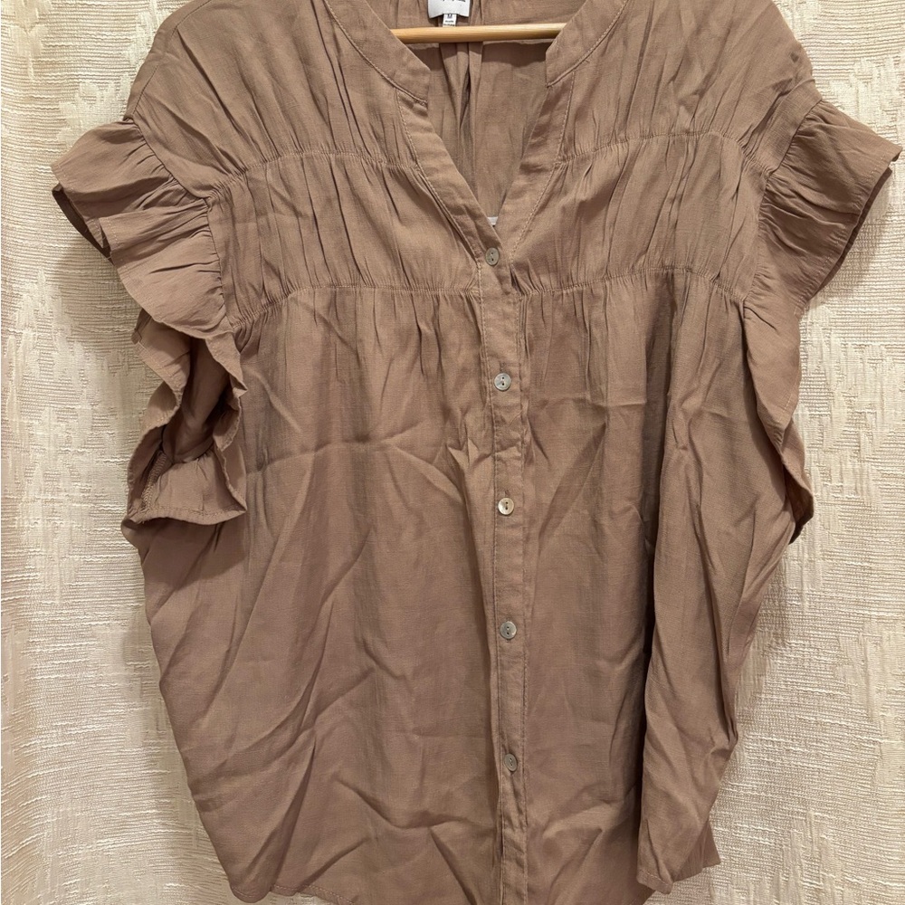 Cozy Casual Ruffle Sleeve Button-Down Shirt - Brown